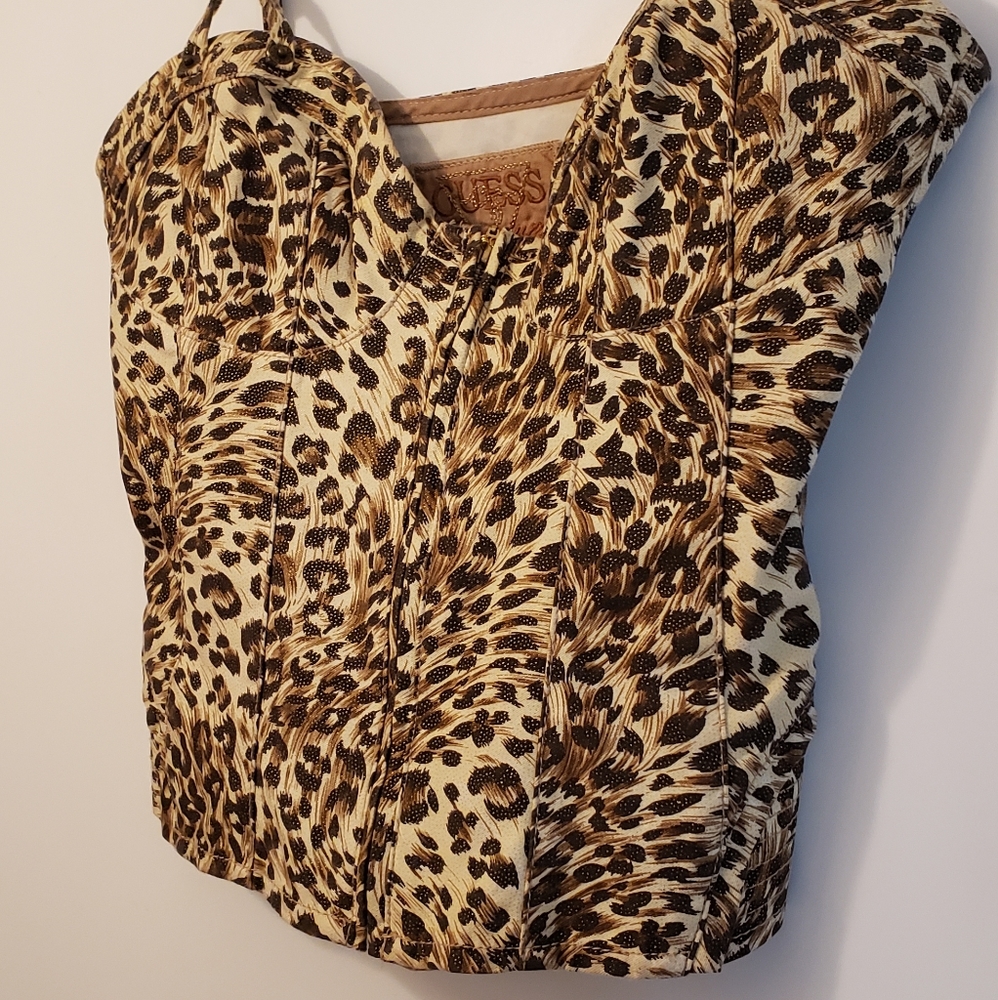 Guess leopard print stretch front zip bustier